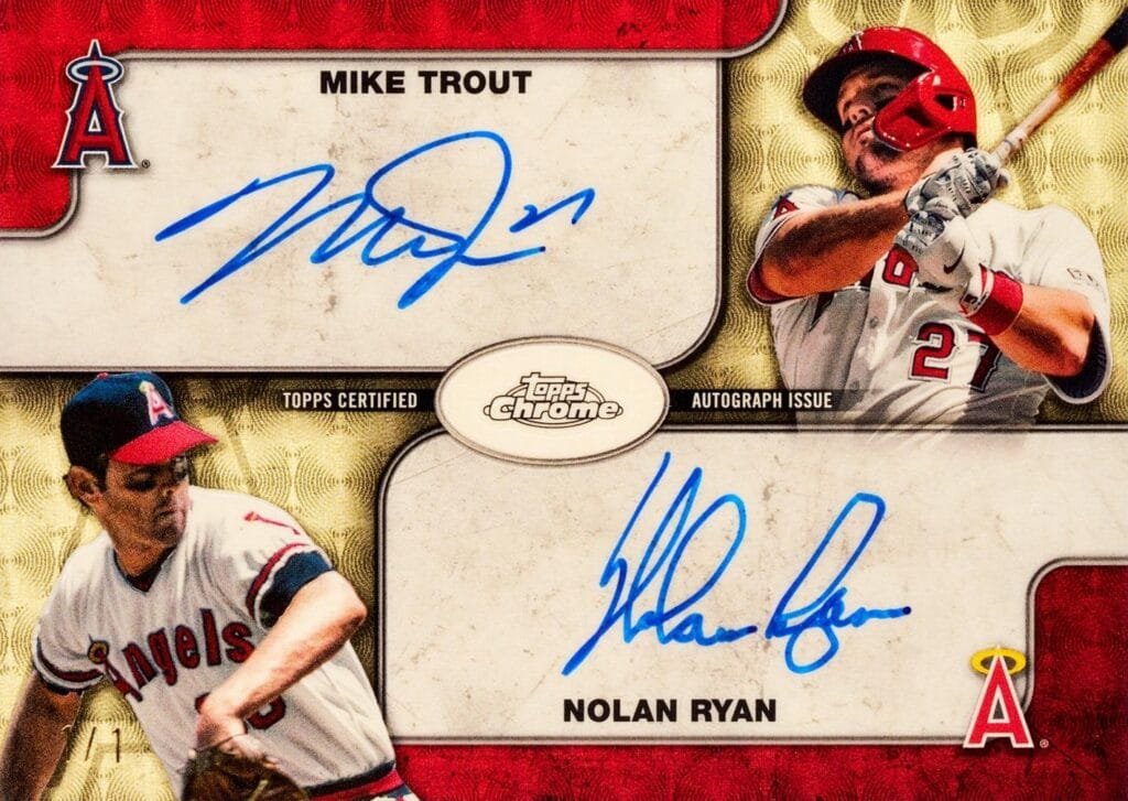 2025 Topps Chrome Baseball Mike Trout and Noal Ryan Dual Autograph Trading Card
