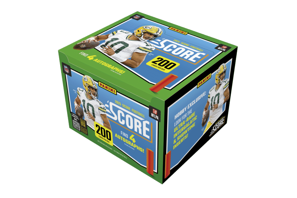 2025 Panini Score Football Trading Card Hobby Box featuring Jordan Love of the Green Bay Packers on the box