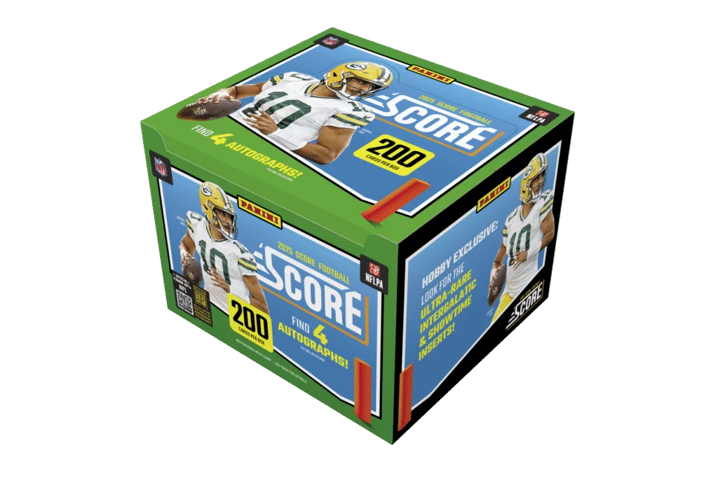 2025 Panini Score Football Trading Card Hobby Box featuring Jordan Love of the Green Bay Packers on the box
