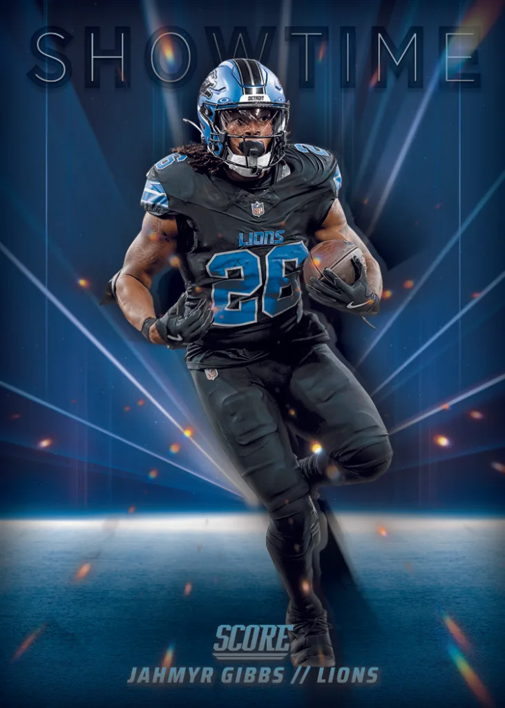 2025 Panini Score Football Showtime Parallel Trading Card for Jahmyr Gibbs of the NFL Detroit Lions
