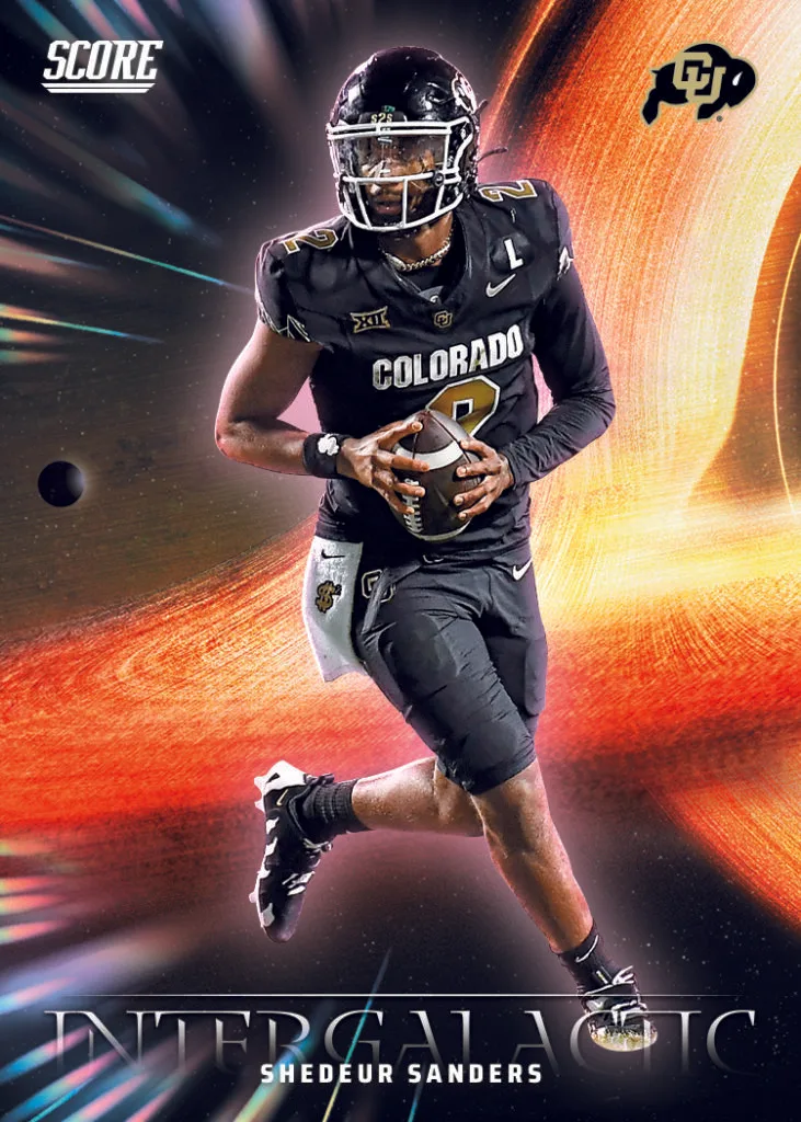 2025 Panini Score Football Intergalactic Parallel Trading Card for Shedeur Sanders of the NFL Cleveland Browns