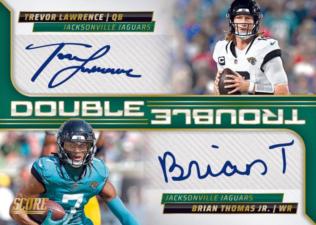 2025 Panini Score Football Double Trouble Dual Autograph Insert Trading Card for Trevor Lawrence and Brian Thomas Jr. of the NFL Jacksonville Jaguars.