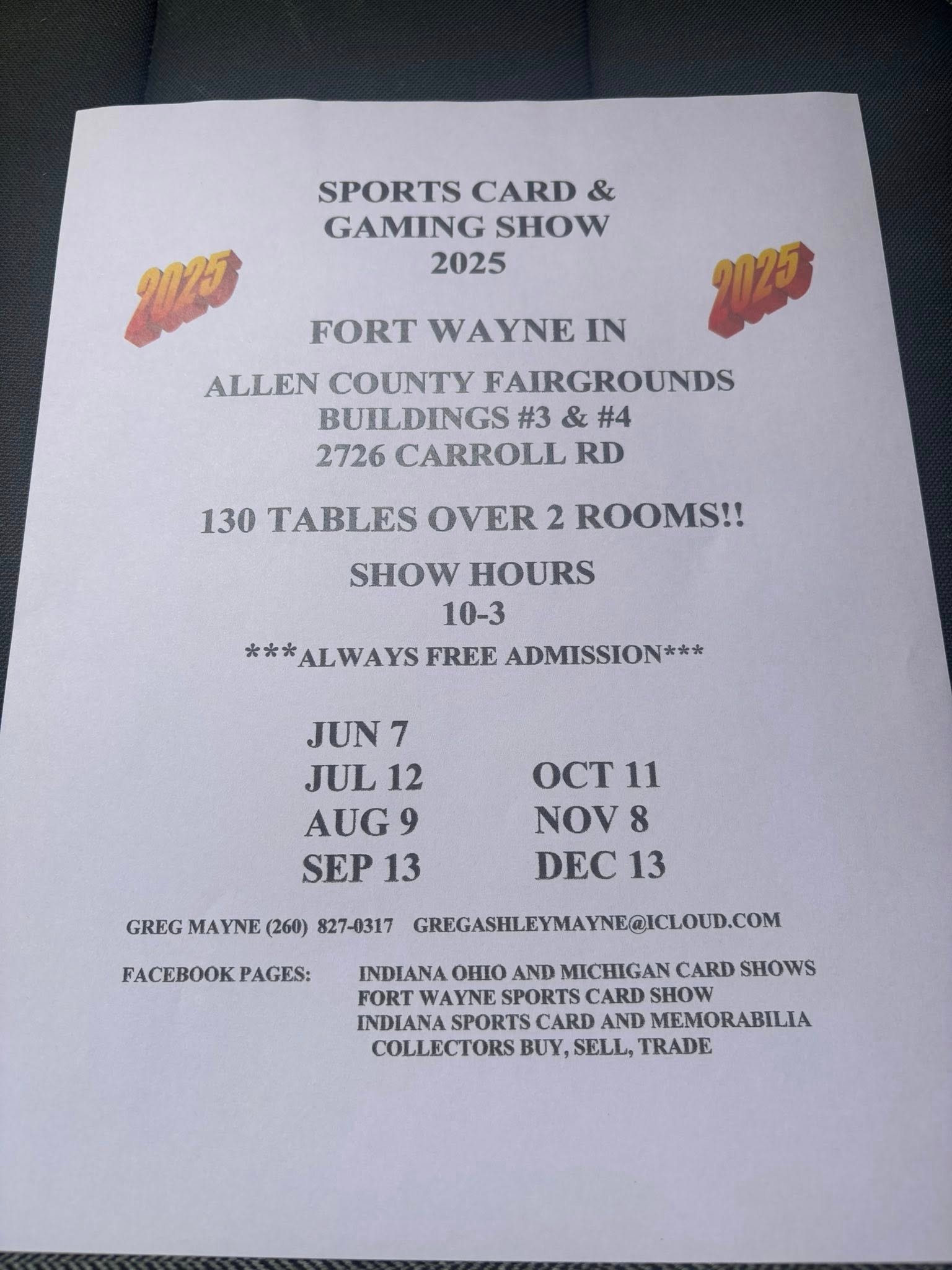 Fort Wayne Sports Card Show 2025 Event Flyer. Find Indiana Card Shows at Ripheadz