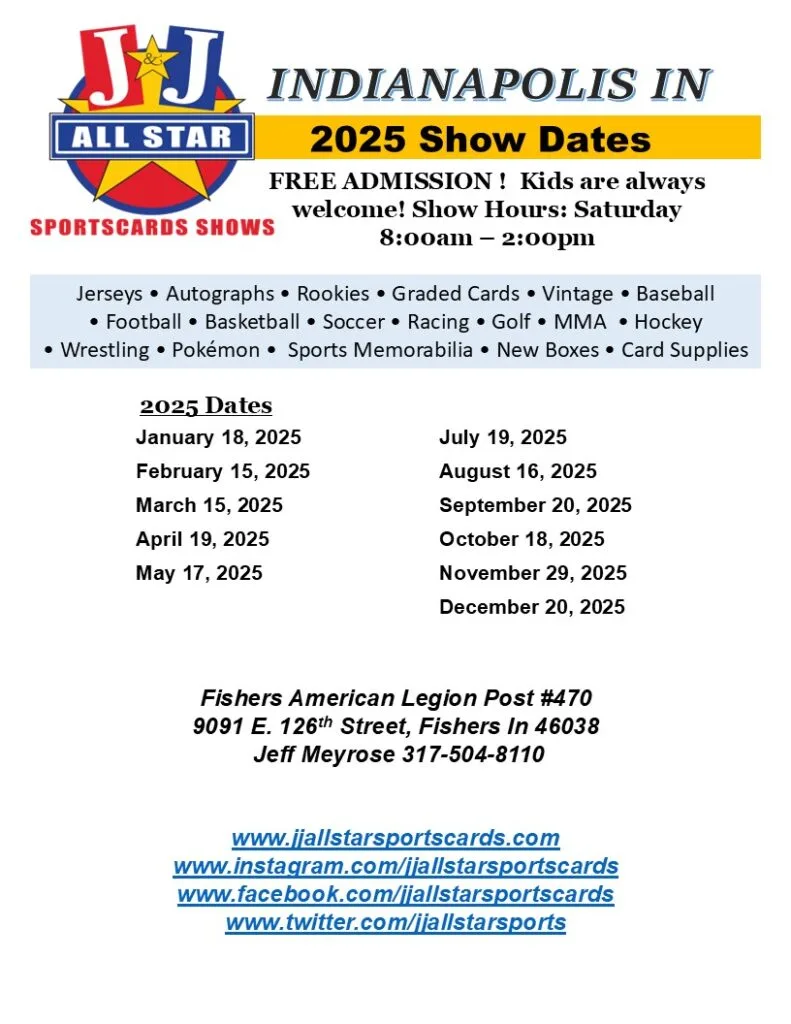 2025.JJ.Indianapolis.Show Dates The J&J Allstar Sports & Pokémon Card Show in Fishers, Indiana