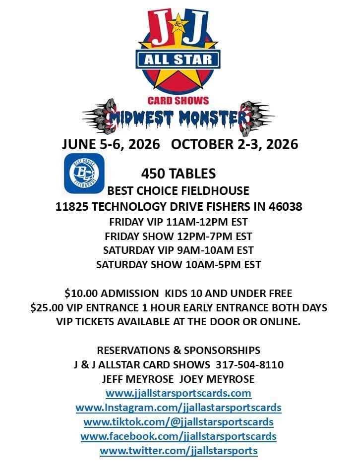 Ju0026J Allstar Sports Card Shows - Midwest Monster Card Show Schedule for Indianapolis / Fishers, Indiana