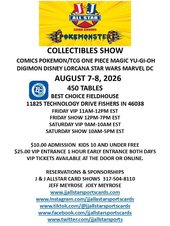 2026.JJ Allstar PokeMonster Ju0026J Allstar Sports Card Shows - Pokemonster Pokemon Card Show Schedule for Indianapolis / Fishers, Indiana
