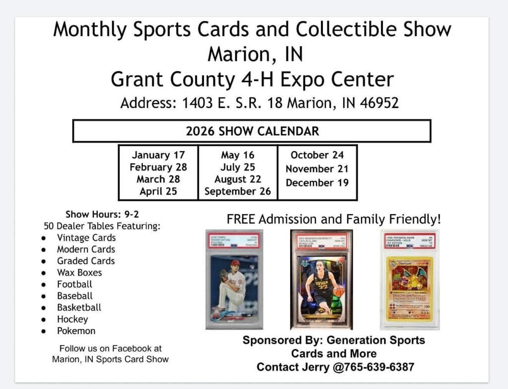 2026 Event Flyer for the Monthly Sports Cards and Collectible Show in Marion, Indiana at the Grant County 4-H Expo Center