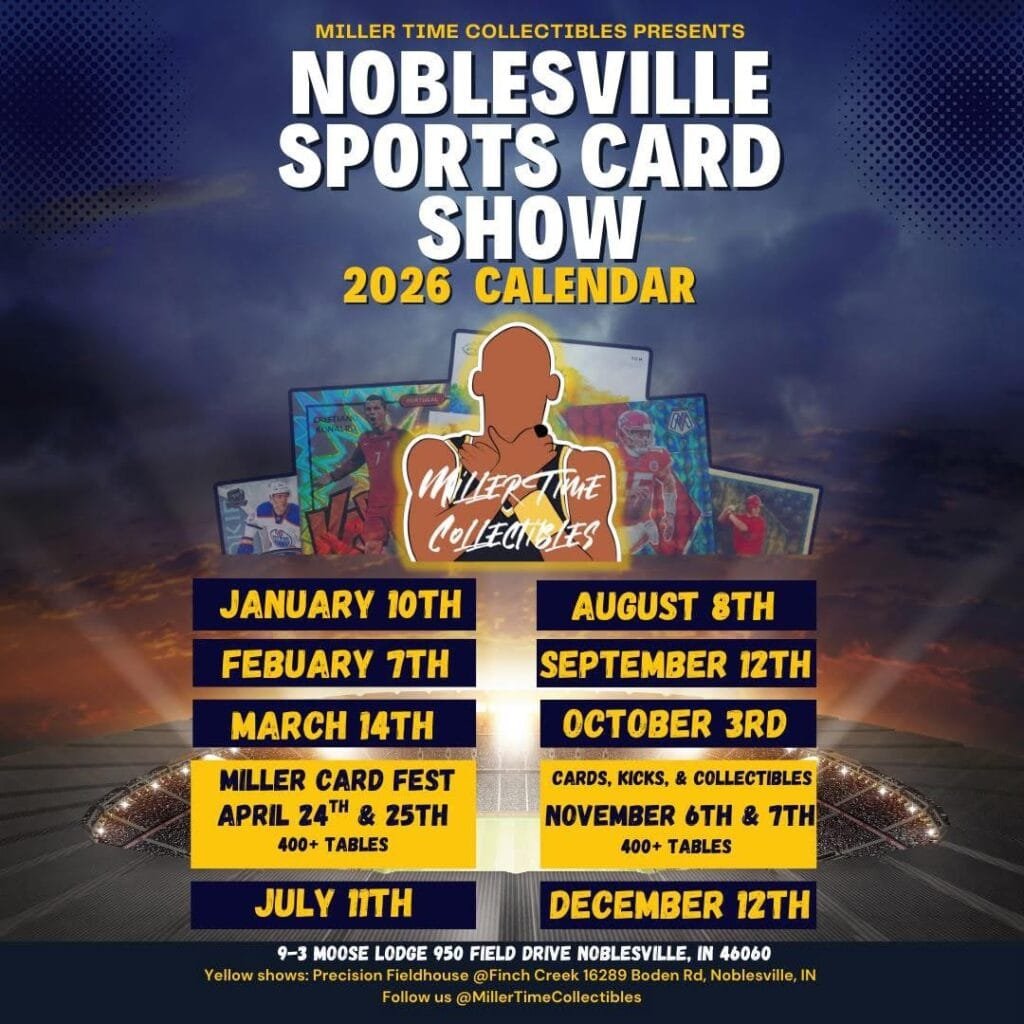 Monthly Sports Card Show Event Flyer in Noblesville, Indiana presented by Miller Time Collectibles