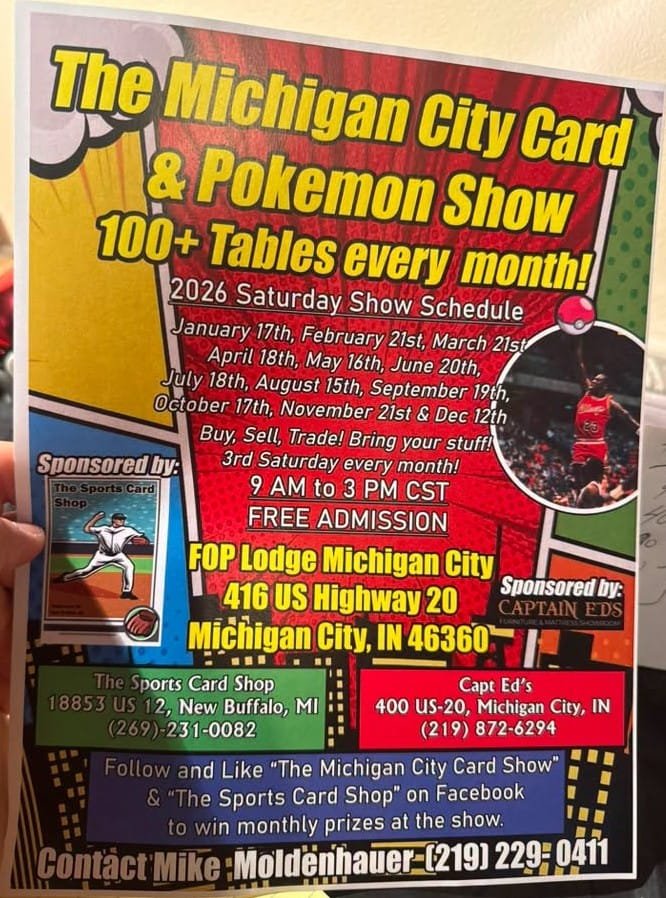The Michigan City Card Show 2026 Event Flyer - Sports Cards Pokemon Trading Card Games