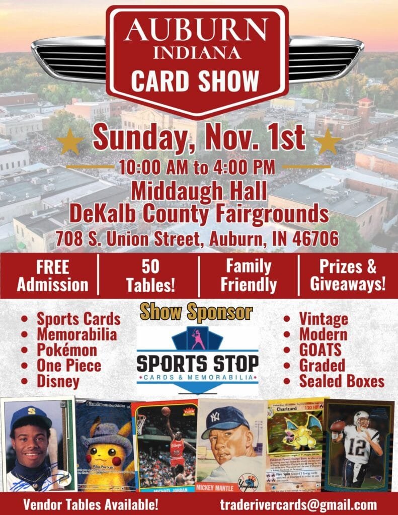 Auburn Indiana Card Show - Trade River Cards Event Flyer - Sunday, November 1, 2026 - Auburn, Indiana