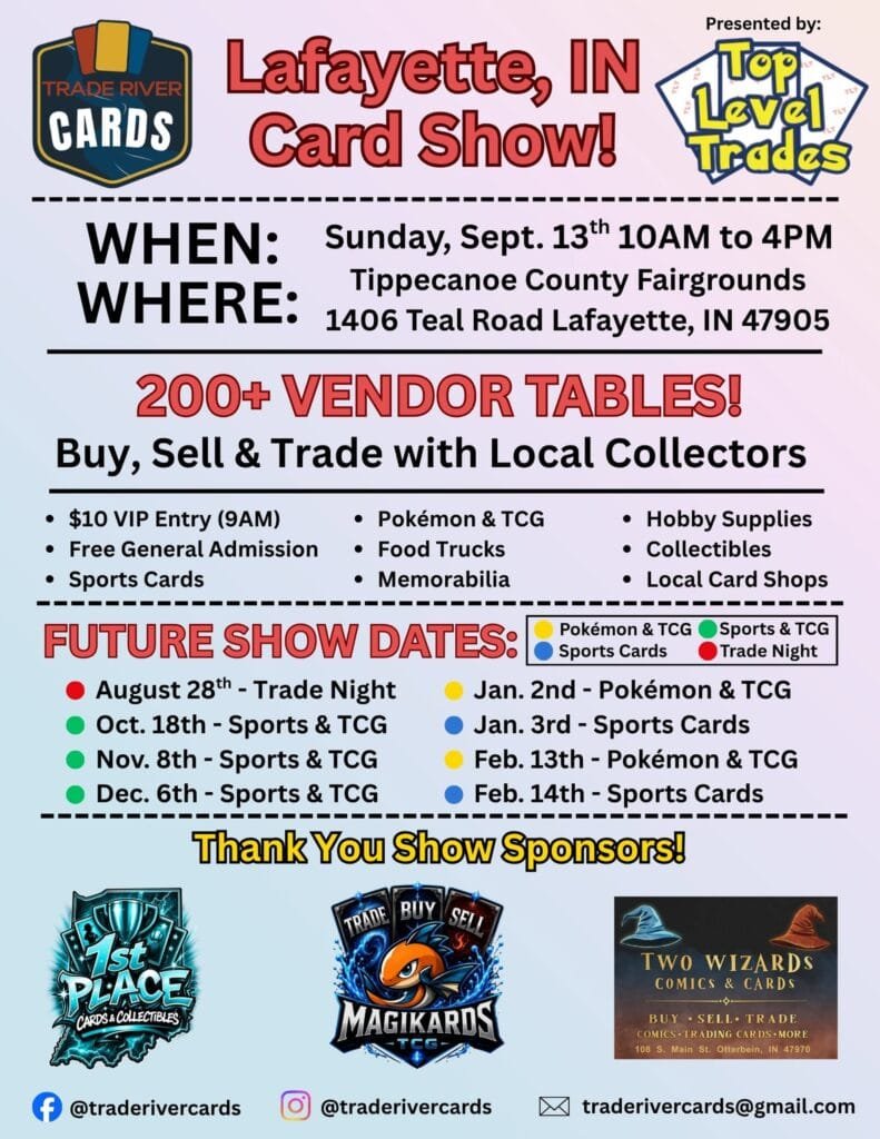 Trade River Cards - Lafayette Indiana Card Show - Sports & TCG Event Flyer - Sunday, September 13, 2026
